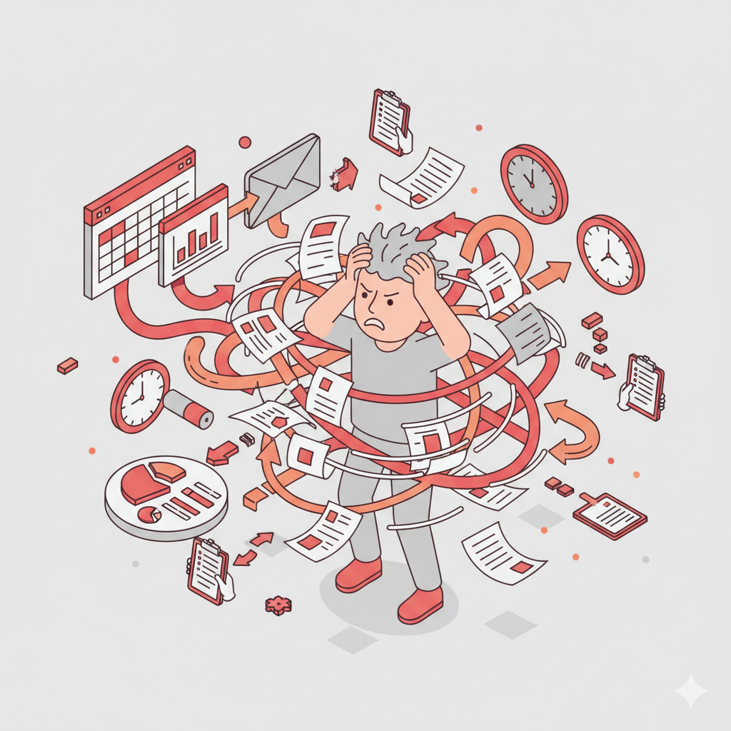Overwhelmed person with chaotic manual workflow
